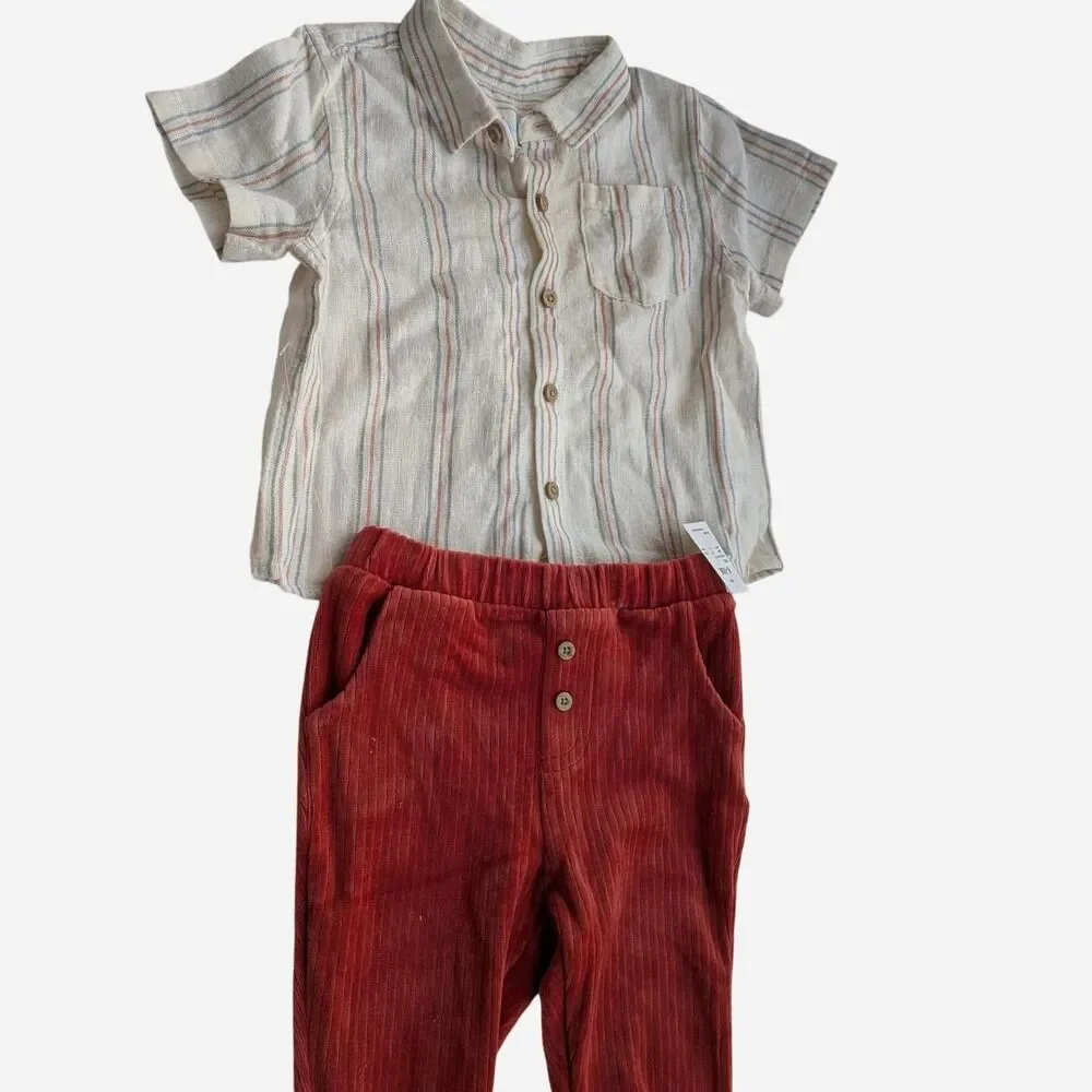 Cloud Island Baby Boy Boho Neutral Striped Gauze Shirt & Rust Corduroy Pants Set